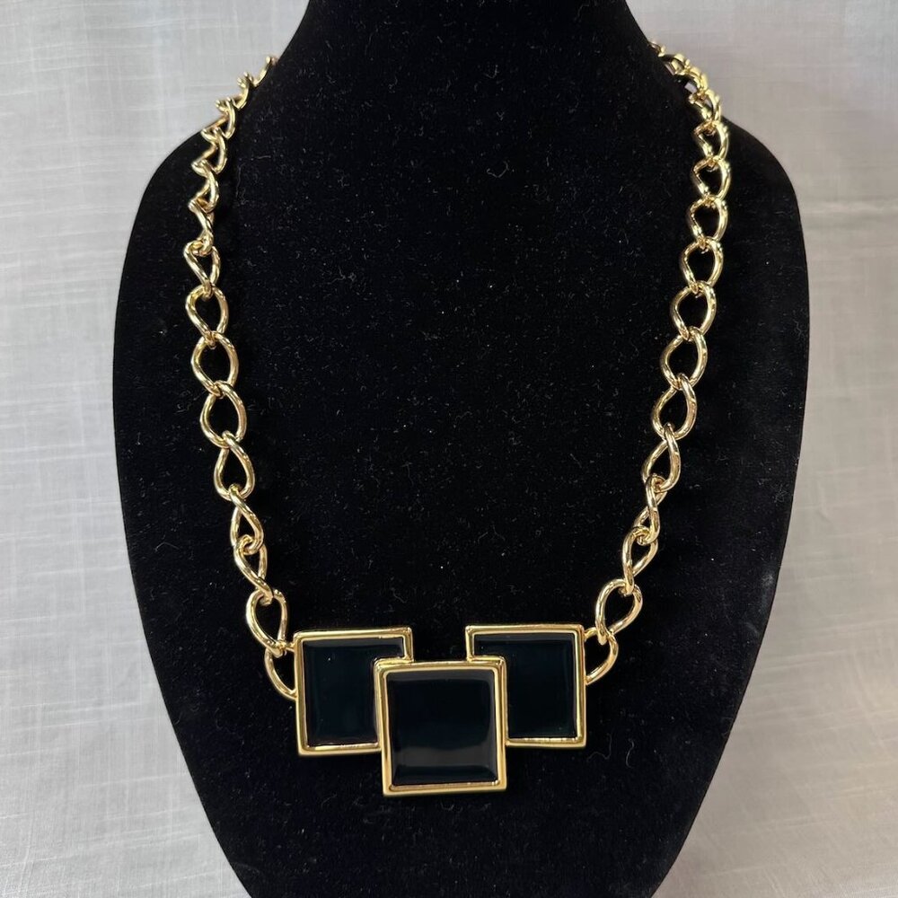 Vintage 80s Monet Black and Gold Heavy Modernist Necklace